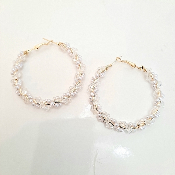 Gold hoop earrings Beaded Statement Boho faux Pearl chunky twist 💖2/$30 - Picture 14 of 14